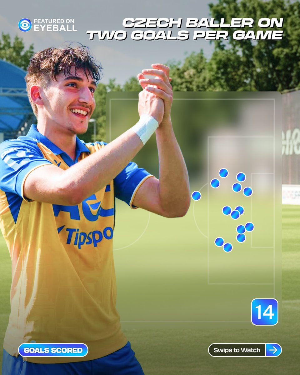 Eyeballfootball's tweet photo. Goal machine in form! Scoring 14 goals in 7 matches on Eyeball, Idris Hopi, an 18-year-old Czech-Croatian forward balling at FK Teplice, earned his debut with the club and has already found the net twice in two appearances. 🇨🇿 🇭🇷

Capable of creating danger both through dribbling and finishing situations, he stands out with his attacking activity and confidence in the final third. 😤

On Eyeball, he averages 6.36 shots, 3.48 successful dribbles and 2.57 key passes per 90 minutes. 📊
