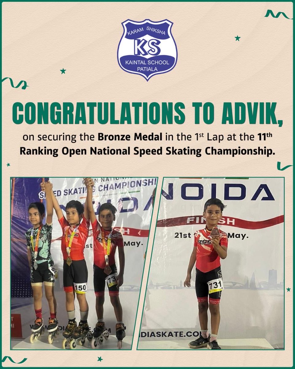 kaintalprep's tweet photo. Congratulations to Advik, student of Class 1, on securing the Bronze Medal in the 1st Lap at the 11th Ranking Open National Speed Skating Championship held in Noida. Your strenuous efforts, dedication, determination &amp; passion have made the entire school proud. https://t.co/L2YqtglQ2N