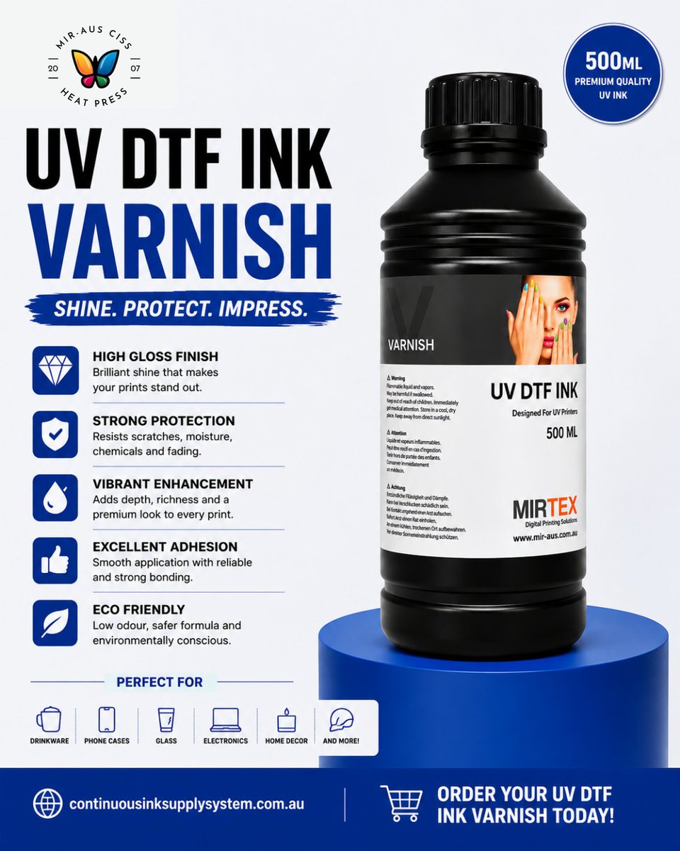 InkSupplySystem's tweet photo. Bring your prints to life with MIRTEX UV DTF Ink Varnish β¨
Achieve clean, vibrant and long-lasting prints with confidence. π₯
#MIRAUS #UVDTF #UVInk #DTFPrinting #PrintSupplies
#UVDTF #CustomUVDTF #UVStickers #CustomPrints #SmallBusinessAustralia https://t.co/OkwMbCE0Tb