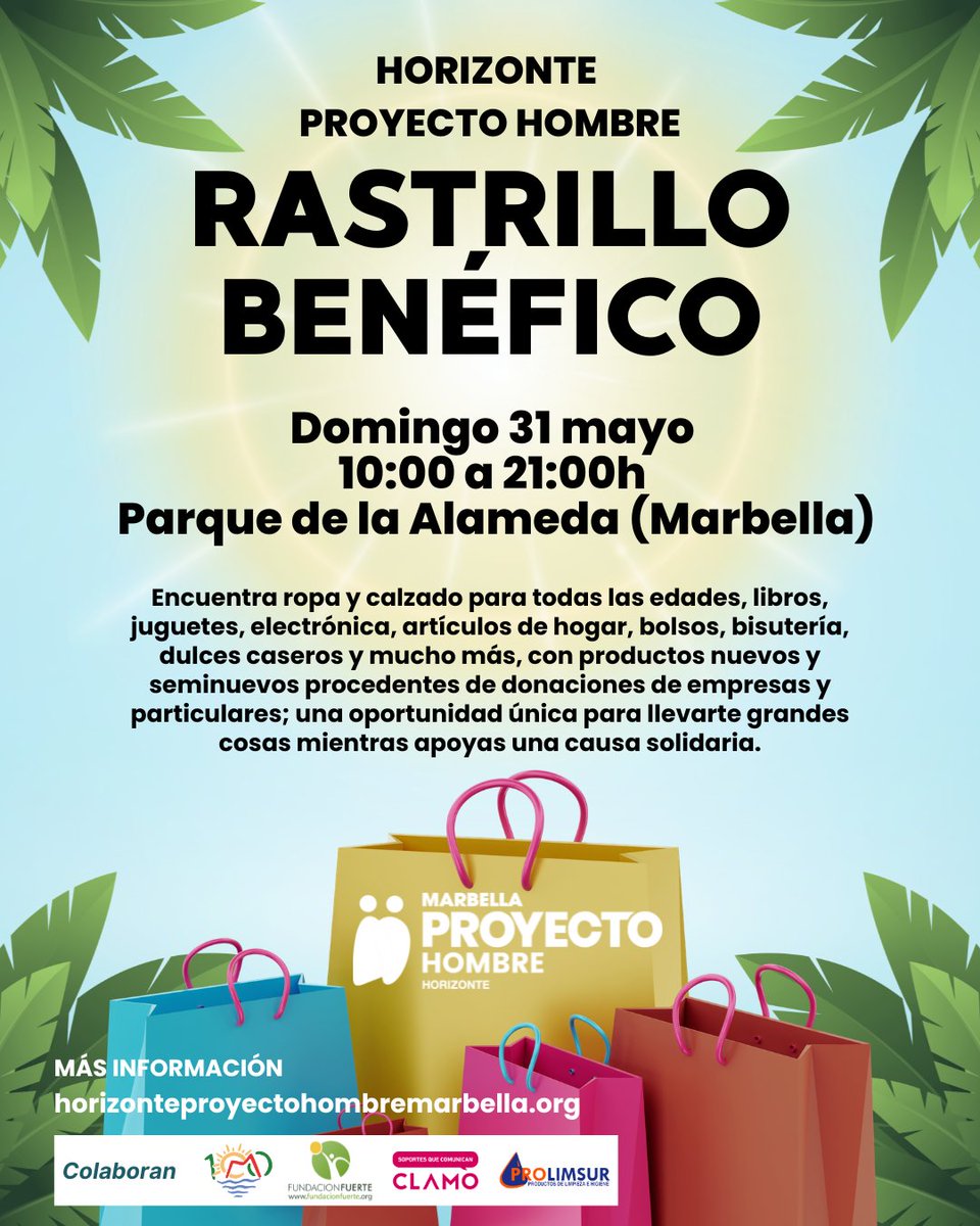 Horizontephmar's tweet photo. Este domingo 31 de mayo, el Rastrillo Benéfico de Horizonte Proyecto Hombre llega al Parque de la Alameda (10:00–21:00). Solidaridad, economía circular y miles de oportunidades: ropa, libros, decoración y más.  
Marbella #Solidaridad #RastrilloBenéfico https://t.co/spLNe1cBac