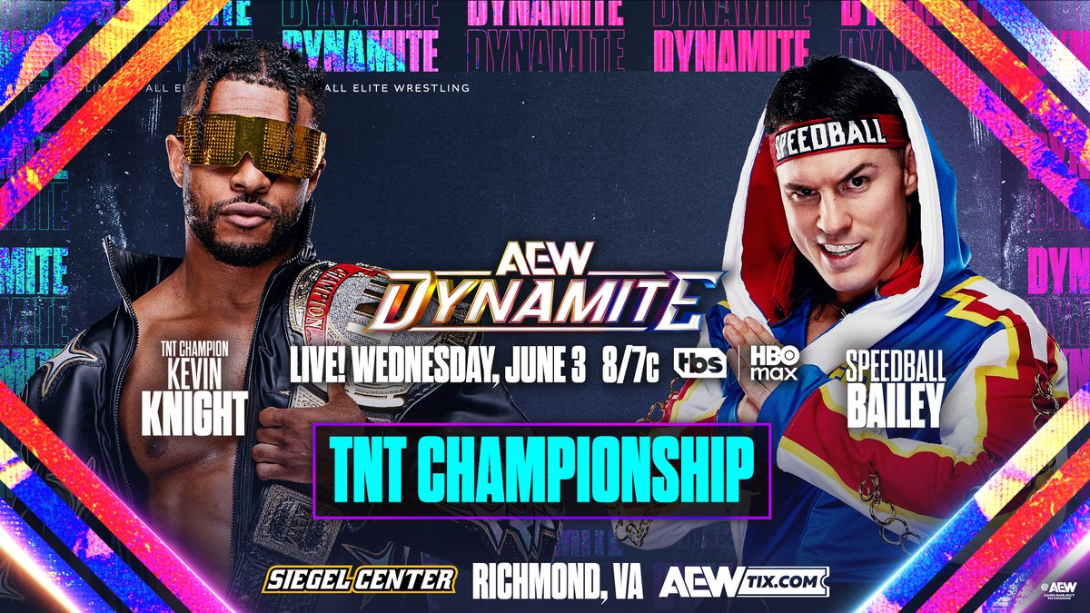 AEW's tweet photo. #AEWDynamite
8/7c, TBS &amp; HBO Max
Next Wednesday, 6/3!

TNT Title
@Jet2Flyy vs @SpeedballBailey

The bond shared between The Jet &amp; Speedball has been shattered when Knight attacked Speedball on Dynamite!

The former JetSpeed partners fight for The Jet's TNT Title, NEXT WEDNESDAY! https://t.co/ciqMorxjdj
