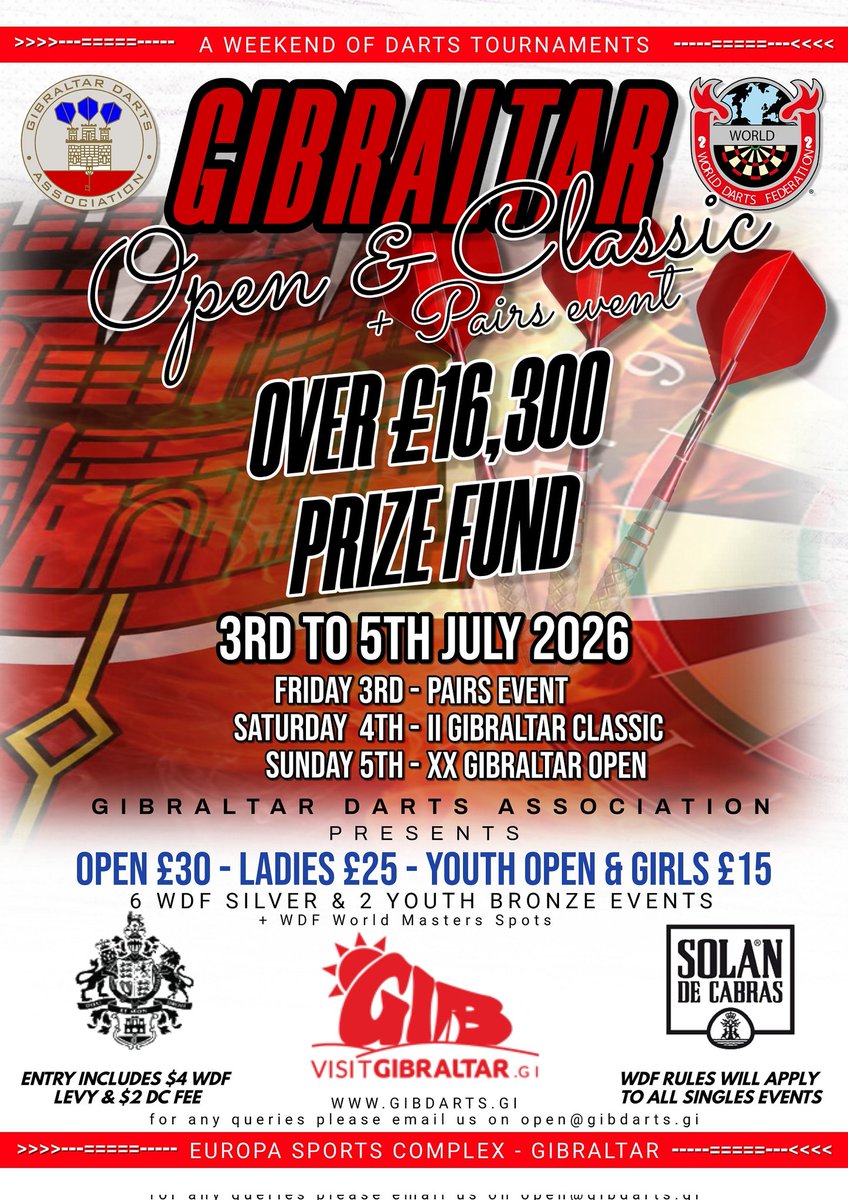 GibDarts's tweet photo. The Gibraltar Open - 2 x WDF Silver Events on 4th &amp; 5th July. 

Those of you who can't afford Vegas, or don't want to go there under Trump, come to Gibraltar for what promises to be a fantastic event. 

https://t.co/QgxCGjOpQe 

for info &amp; sign up. https://t.co/cVfneu9geW