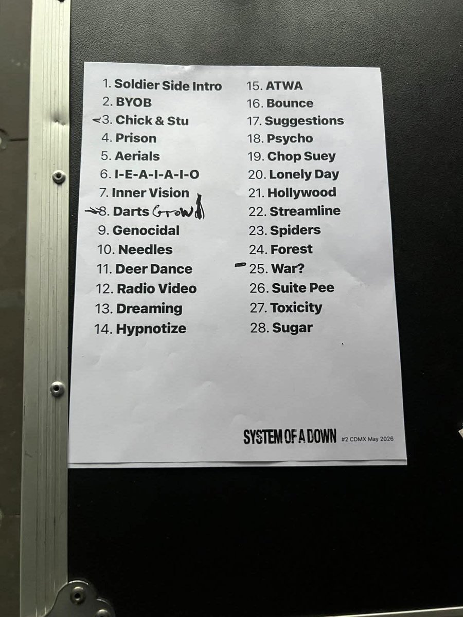 summainferno's tweet photo. Este fue el setlist que System Of A Down presentó esta noche en el Estadio GNP de la Ciudad de México 🇲🇽🔥 https://t.co/ywnvoP8J2N