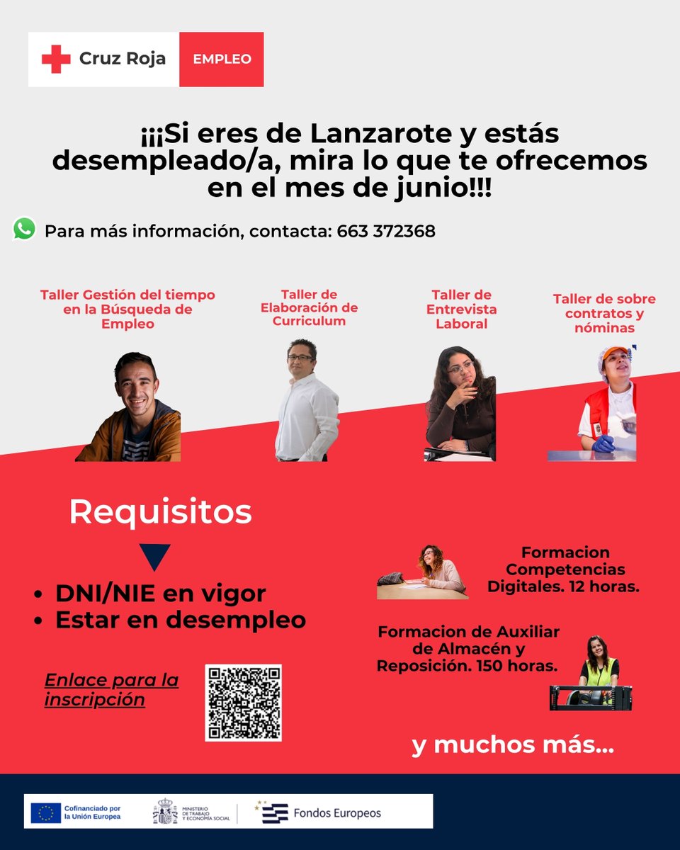 CruzRojaLP's tweet photo. 👉 Acompañamiento en junio para mejorar tu empleabilidad
📌 En Lanzarote
📝 Preinscríbete aquí: https://t.co/2cu4FiTP6y
📍 Primera cita: 3 junio | 10:30-12:00
📌 Asamblea Insular de Cruz Roja (Avda. Medular, 82 – Arrecife)
✅ Formación + orientación + prácticas
💼 Desempleados/as https://t.co/GBuhoqHpfX