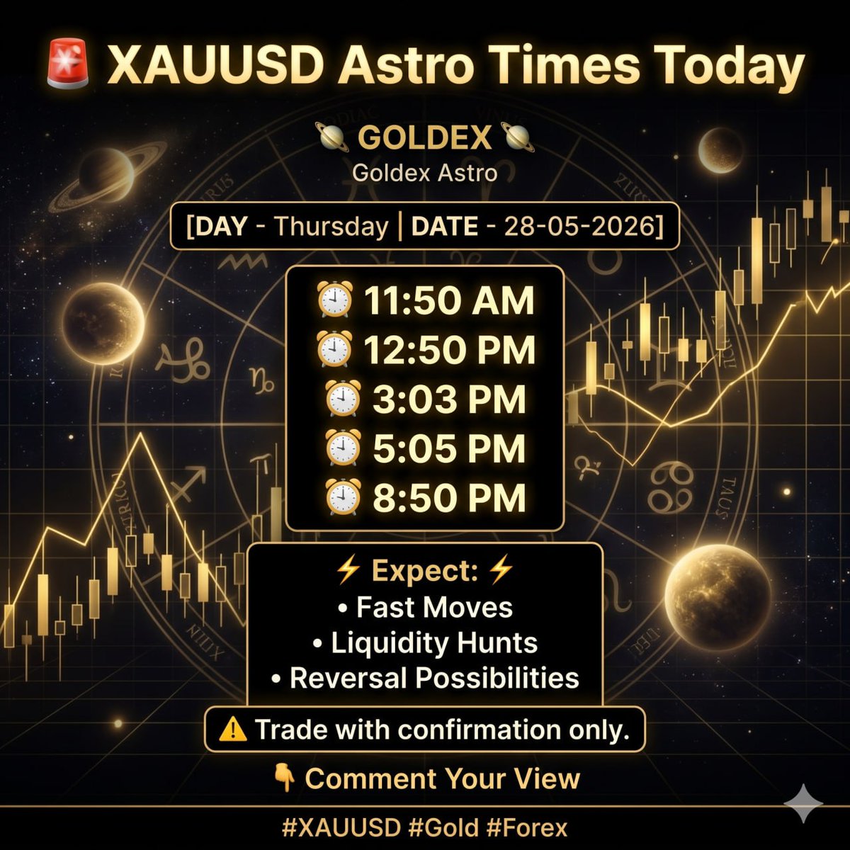 rushikharche198's tweet photo. 🚨 XAUUSD Astro Times Today
                 🪐GOLDEX 🪐
[DAY - Thursday  DATE- 28-05-2026]

⏰ 11.50 AM
⏰ 12:50 PM
⏰ 3:03 PM
⏰ 5:05 PM
⏰ 8:50 PM

⚠️Trade with confirmation only.
👇 Comment Your View
#XAUUSD #Gold #Forex https://t.co/1IpRGvtnIL