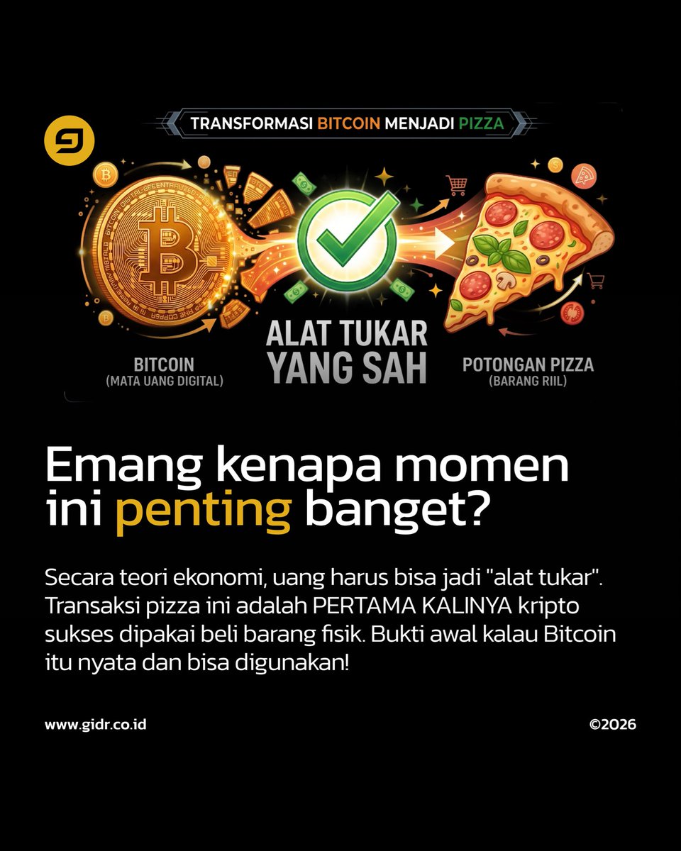 GOIDRofficial's tweet photo. Uang segunung ditukar cuma buat dua loyang pizza? 🍕💸

Buat yang baru masuk dunia kripto, kalian wajib tahu sejarah legendaris tanggal 22 Mei 2010, dimana ada orang yang mau beli pizza dan bayar pakai Bitcoin. 

Full Article: https://t.co/RO5dwkPOSw

#gidr #rwa #bitcoinpizzaday https://t.co/c9BzwTYzmg