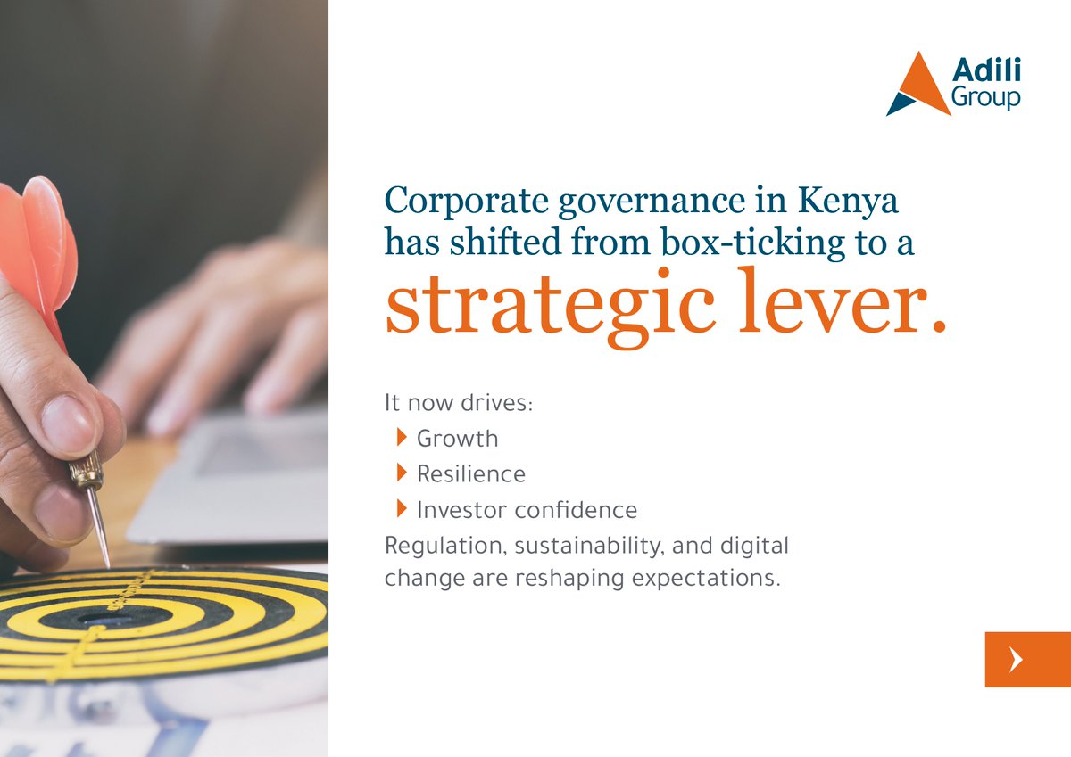 AdiliGroup's tweet photo. Corporate governance in Kenya is evolving. Boards are expected to go beyond compliance, driving growth, resilience, and investor confidence. Adili Group supports leaders in building practical, effective governance aligned to business priorities. https://t.co/VI14YFnxnG