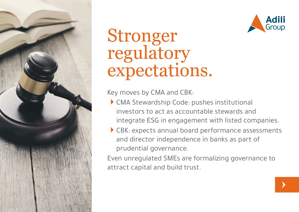AdiliGroup's tweet photo. Corporate governance in Kenya is evolving. Boards are expected to go beyond compliance, driving growth, resilience, and investor confidence. Adili Group supports leaders in building practical, effective governance aligned to business priorities. https://t.co/VI14YFnxnG