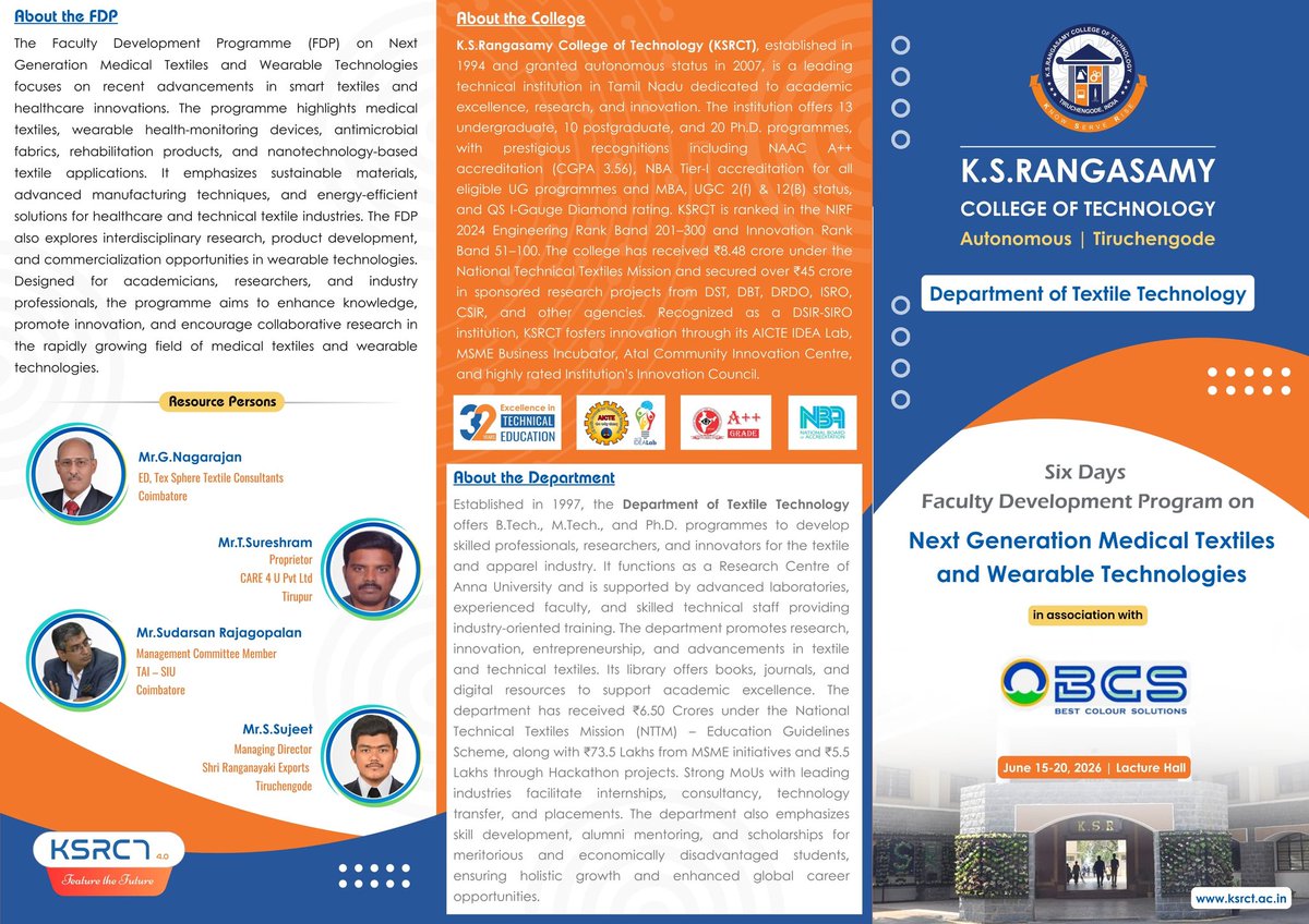 ksrct1994's tweet photo. Six-Day Faculty Development Programme (FDP).
Registeration Link:
https://t.co/4HhZhFJVm2
#ksrct1994 #ksr #ksrei #TextileTechnology #MedicalTextiles #WearableTech #FDP2026 #SixDaysFDP #SmartTextiles https://t.co/Y2uCrIcEOT