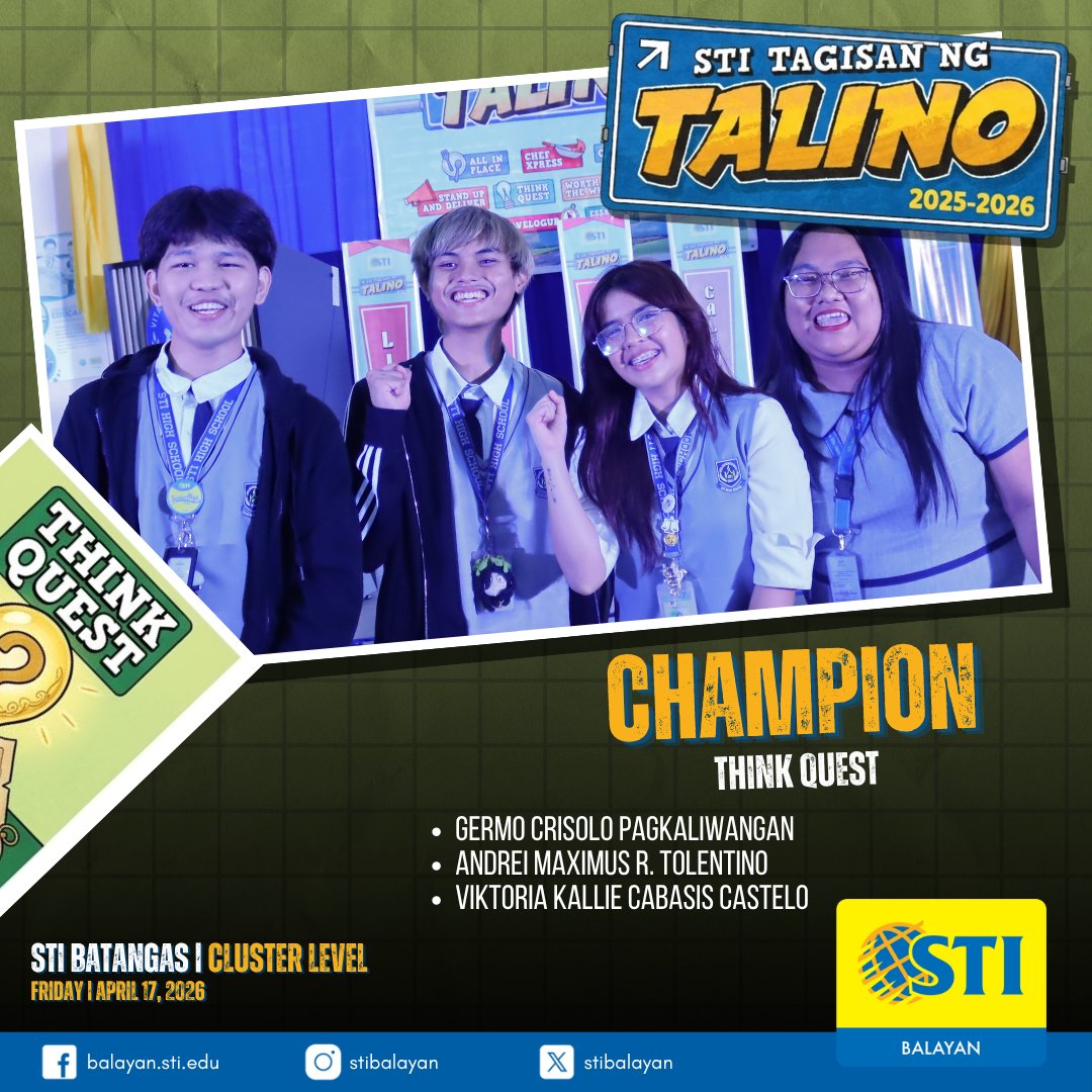 STIBalayan's tweet photo. 🔥 STI Balayan shines at STI Tagisan ng Talino 2025–2026 (Cluster Level)! 🔥

Another set of wins unlocked as our talented students showcased excellence across multiple competitions.
STI Balayan stays winning. On to the next level 🚀

#BeMore #BeSTI #TagisanNgTalino https://t.co/njeAhhla9o