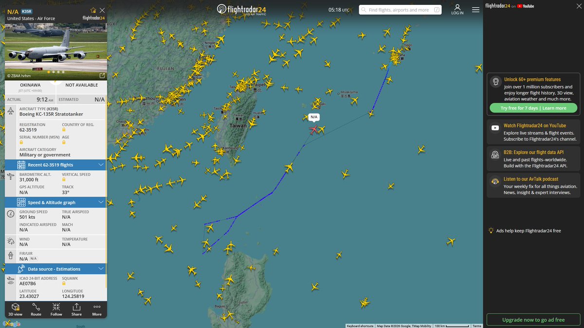 AIYeyENGDdJkjTr's tweet photo. May 28, 2026
#Okinawa Kadena Air Base ==> #South China Sea
#NoCALLSIGN #AE07B6 USAF KC-135R Stratotanker https://t.co/LxGdwbl4e6