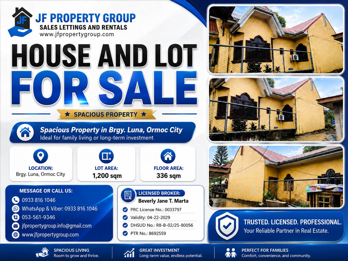 PropertyJf's tweet photo. HOUSE AND LOT FOR SALE IN BRGY. LUNA, ORMOC CITY
Property Details:
Location: Brgy. Luna, Ormoc City
Lot Area: 1,200 sqm
Floor Area: 336 sqm
Call Us!
0933 816 1046
WhatsApp &amp; Viber: 0933 816 1046
jfpropertygroup.info@gmail.com
https://t.co/nlpYBHvbky
 #PropertyForSalePhilippines https://t.co/i3COIbtRNz