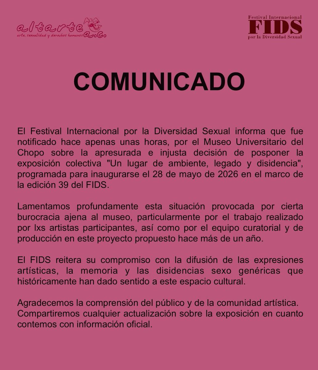 Gabrielgtzg's tweet photo. El @FIDSMX 🏳️‍🌈informa que fue notificado hace apenas unas horas, por el @museodelchopo sobre la apresurada e injusta decisión de posponer la exposición colectiva "Un lugar de ambiente, legado y disidencia", que inauguraría este 28 de mayo 2016. https://t.co/7ODyAyM3ir