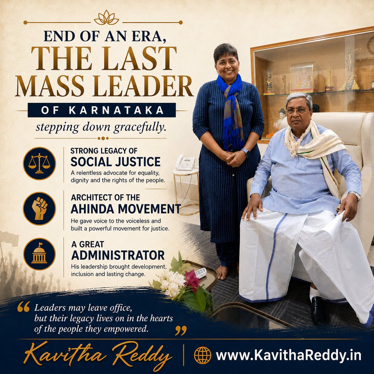 KavithaReddyKR's tweet photo. The end of an era truly and expected! there cannot be another Mass Leader in Karnataka even close to Shri @siddaramaiah . Power is not forever, but the #Work #Ideology #Journey #Legacy is forever! 

He will always be the Best Chief Minister of Karnataka! My last photo with him, and 40 minutes of discussion with him that day will always be permanent. ☺