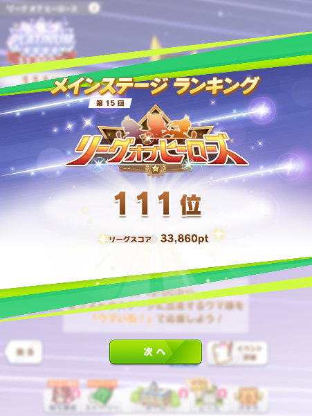 YouheyK's tweet photo. 短距離loh最終111位でした
ゾロ目ゲットやったぜ
5期連続でランキング載れたのは嬉しい😊
因子の準備段階で先行に動いていたのが裏目に出た気はする
アイテムや枠番への理解が深まったので次回に活かしたいね
お疲れ様でした～ https://t.co/TevN2XL0vW