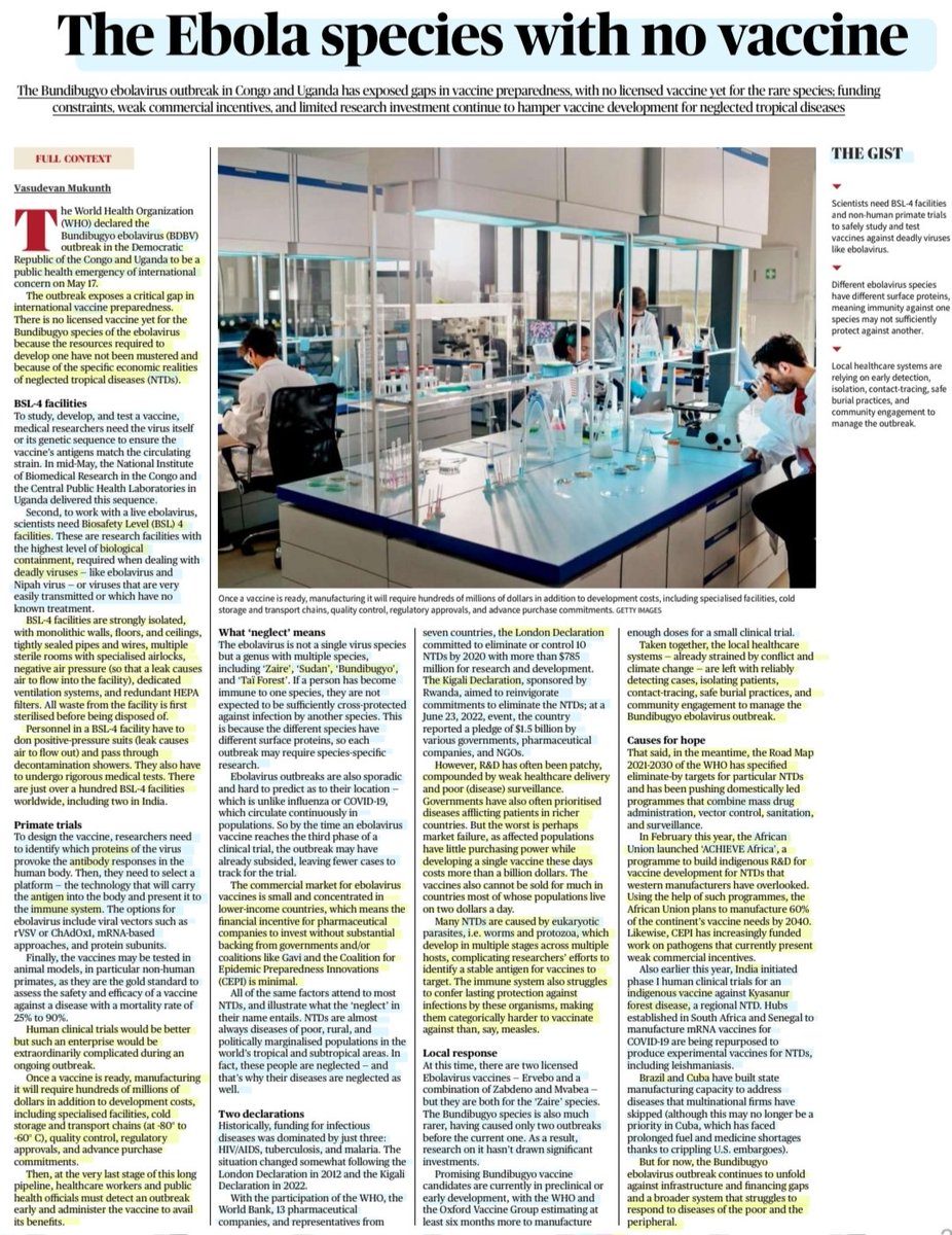 imRavikantYadav's tweet photo. The Ebola species with no vaccine

:An informative article by Sh Vasudevan Mukunth
@1amnerd 

#Ebola #BundibugyoEbolaVirus #BDBV
#PHEIC #WHO
#EbolaVirus #Congo #Uganda
#BSL4Labs
#Vaccine #GAVI #CEPI
#NTDs #EukaryoticParasite #Worms #Protozoa 
#Healthcare

#UPSC 

Source: TH https://t.co/W6v3rak5qI