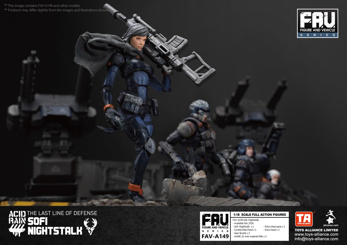 AllianceToys's tweet photo. Toy Alliance New Product
Figures And Vehicles
FAV-A149 Sofi, Nightstalk
Release Date:END OF DEC 2026
Scale:3.75inch 1/18
FAV-A149 蘇霏，暗夜獵手
發售日期:2026年12月底
比例:3.75吋 1/18
#ToysAlliance #TA #PIA #AcidRainWORLD #ARW #AcidRain #FAV #A149 #SofiNightstalk #蘇霏暗夜獵手 https://t.co/YLP3K7loew
