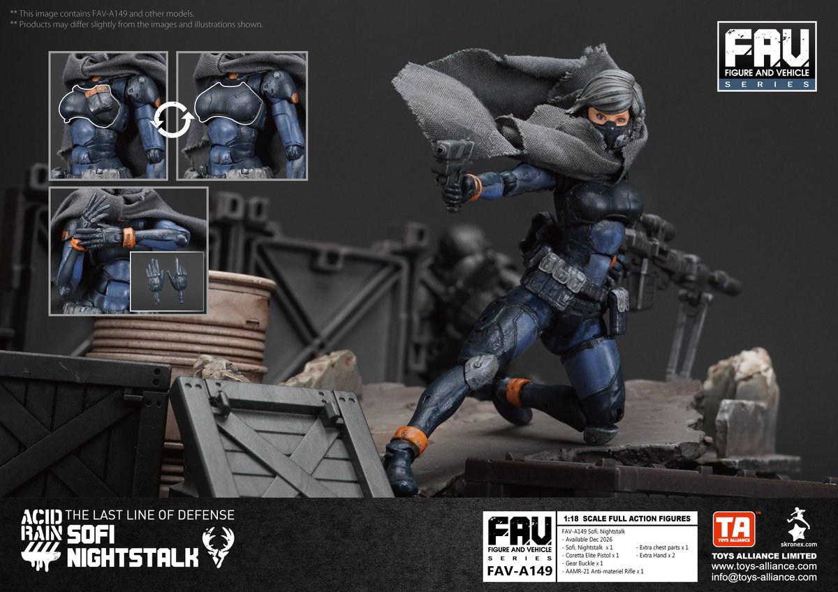 AllianceToys's tweet photo. Toy Alliance New Product
Figures And Vehicles
FAV-A149 Sofi, Nightstalk
Release Date:END OF DEC 2026
Scale:3.75inch 1/18
FAV-A149 蘇霏，暗夜獵手
發售日期:2026年12月底
比例:3.75吋 1/18
#ToysAlliance #TA #PIA #AcidRainWORLD #ARW #AcidRain #FAV #A149 #SofiNightstalk #蘇霏暗夜獵手 https://t.co/YLP3K7loew