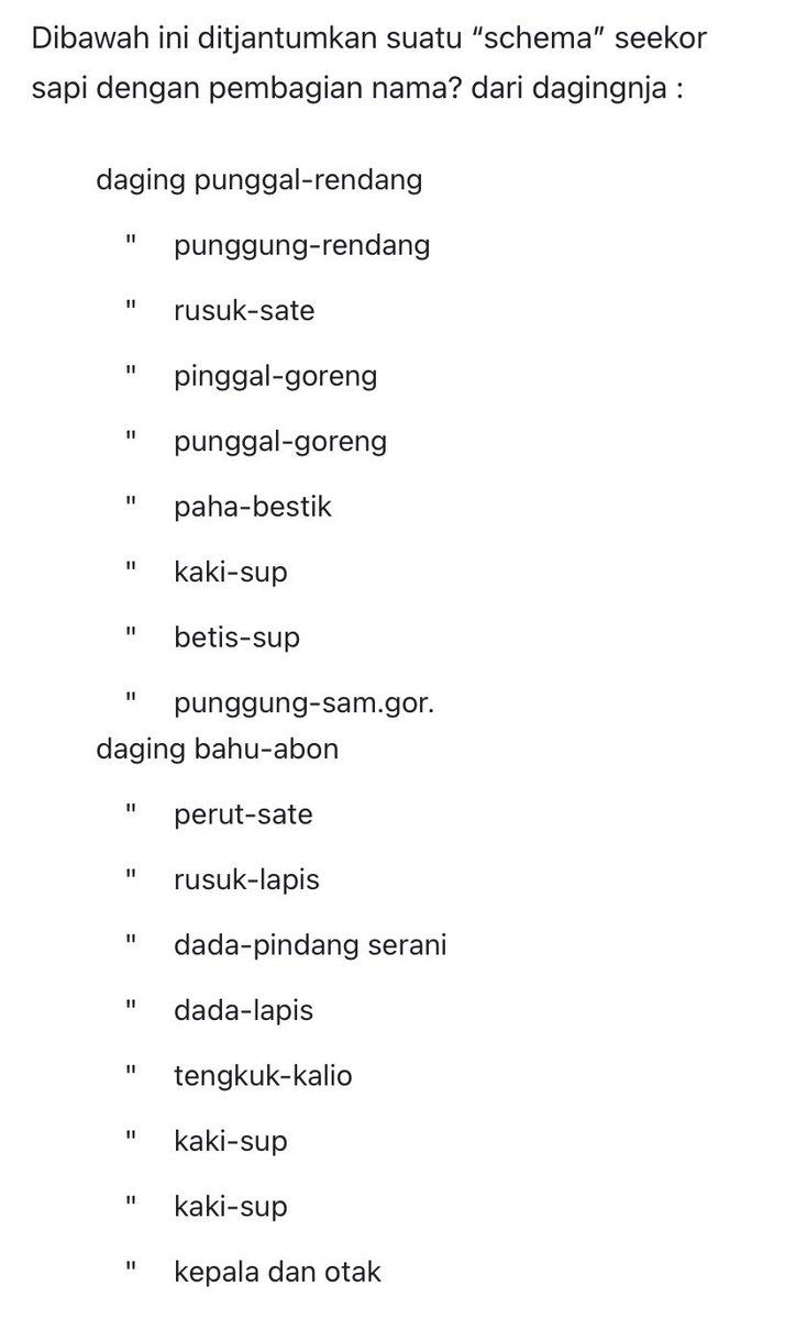 mahakersa's tweet photo. Pembagian daging sapi & ragam masakannya di dlm buku Mustikarasa (Buku masak yg diprakarsai Bung Karno sebagai buku besar terkait kedaulatan pangan Indonesia) :

1. Punggal (rendang)
2. Punggung (rendang)
3. Rusuk (sate)
4. Pinggal (goreng)
5. Punggal (goreng)
6. Paha (bestik/steak)
7. Kaki (sup)
8. Betis (sup)
9. Punggung (sambal goreng)
10. Bahu (abon)
11. Perut (sate)
12. Rusuk (lapis)
13. Dada (pindang serang)
14. Dada (lapis)
15. Tengkuk (kalio)
16. Kaki (sup)
17. Kaki (sup)
18. Kepala dan otak
