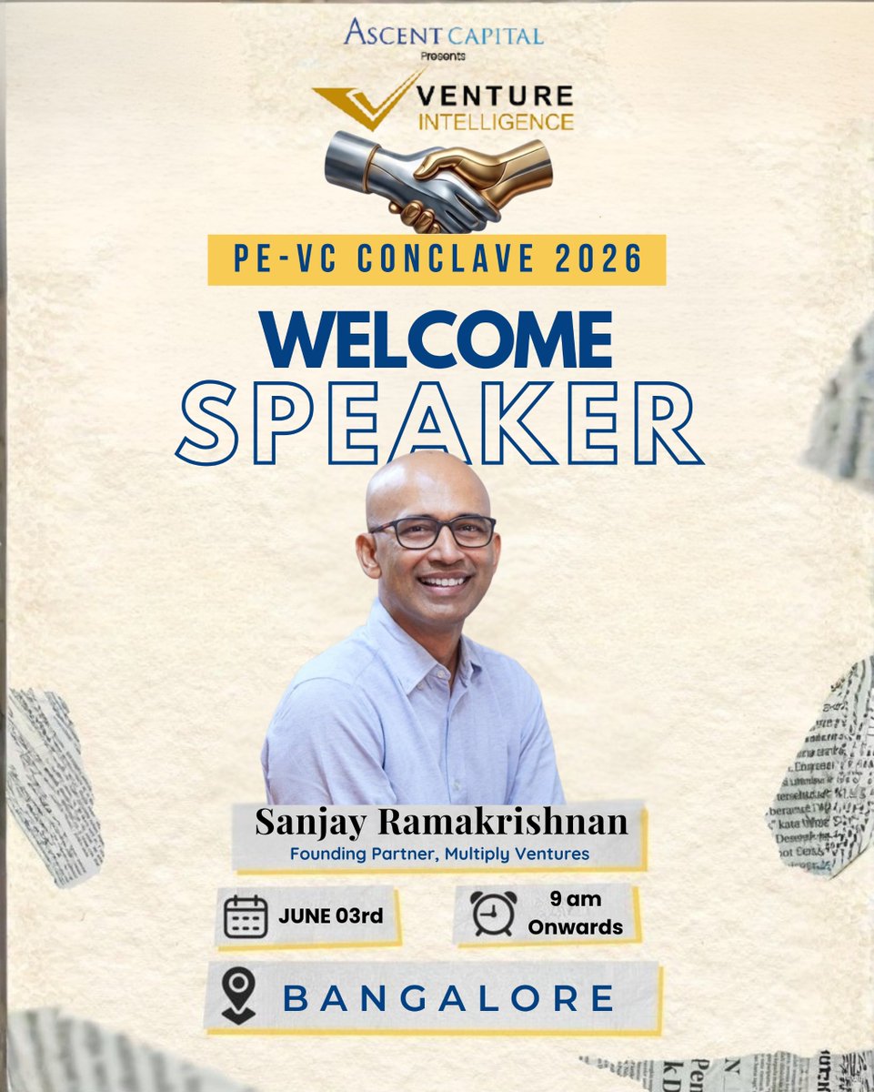 ventureindia's tweet photo. Speaker Update: Sanjay Ramakrishnan from @multiplyventure will speak at Venture Intelligence PE-VC Conclave'2026 Bangalore on June 3rd.

For speaking and sponsorship opportunity contact ashok@ventureintelligence.com /+91 9176033455

To register click https://t.co/1wAetRyaAv https://t.co/uMFJv3ijCT