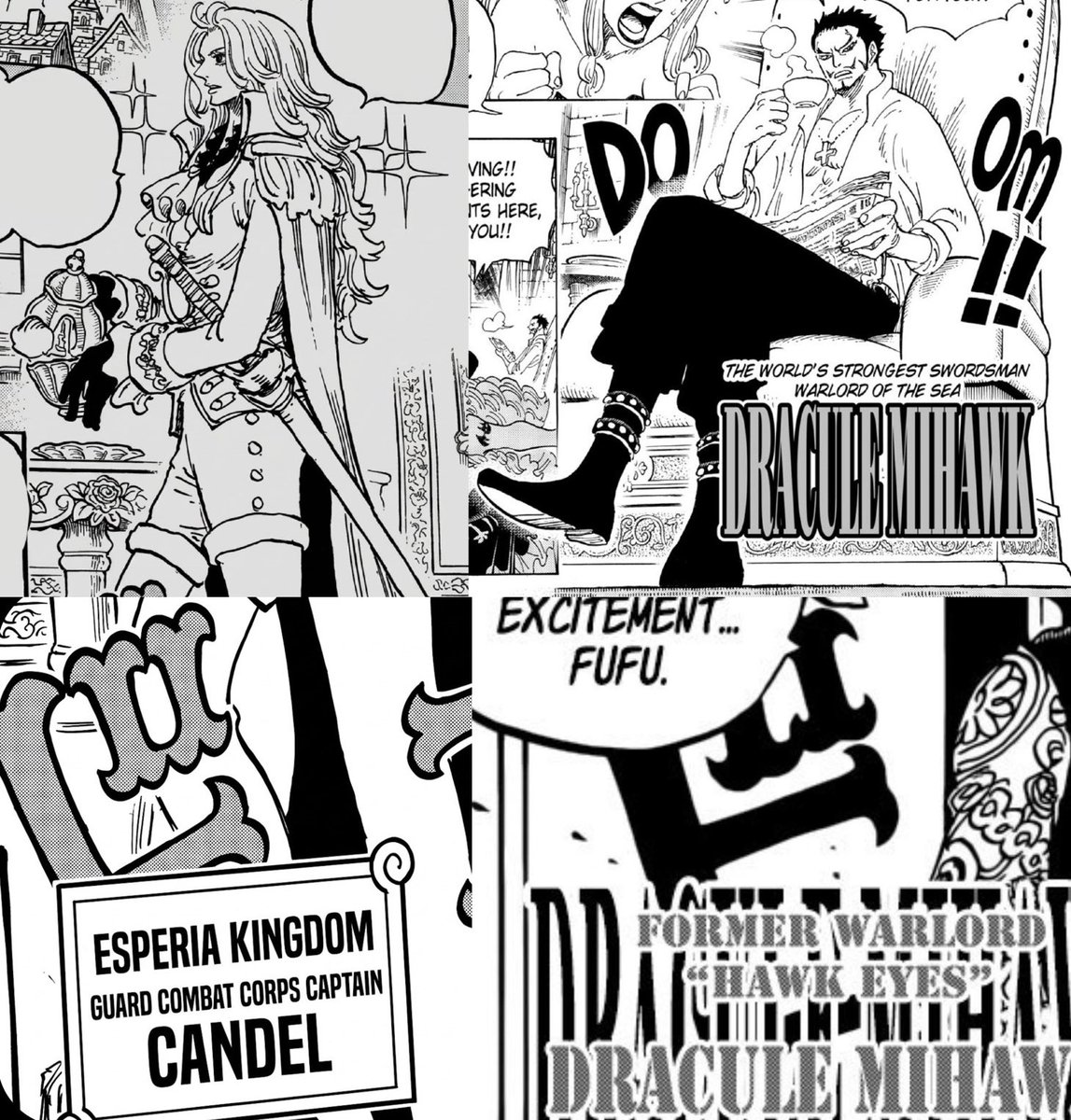 Buggy's tweet photo. #ONEPIECE1184

Candelle is the only character other than Mihawk who’ve we have seen appear with this SFX… 

Just like Esperia, Yoru and the interior of the Muggy Kingdom’s castle are lined with the swirl pattern. Could Candelle be connected to Yoru and the Muggy Kingdom 🤔 https://t.co/M5sEmka2JO