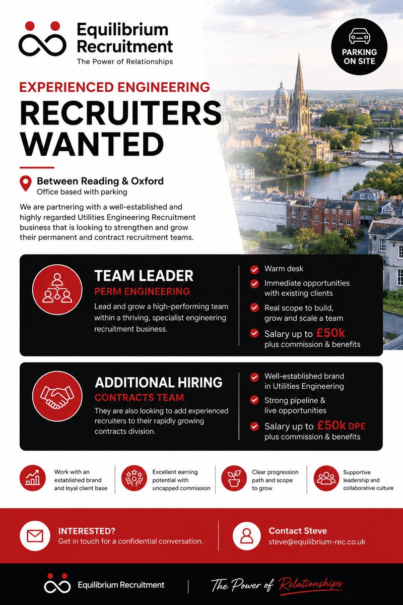 EquilibriumJobs's tweet photo. One for our experienced recruitment network based between Reading and Oxford UK.  Get in touch with Steven O’Nyons on Steve@equilibrium-rec.co.uk for more information or call/message 07894619637.
#recruitingrecruiters #rec4rec #equilibriumjobs #recruitment #rec2rec https://t.co/WSPo3AVQjc