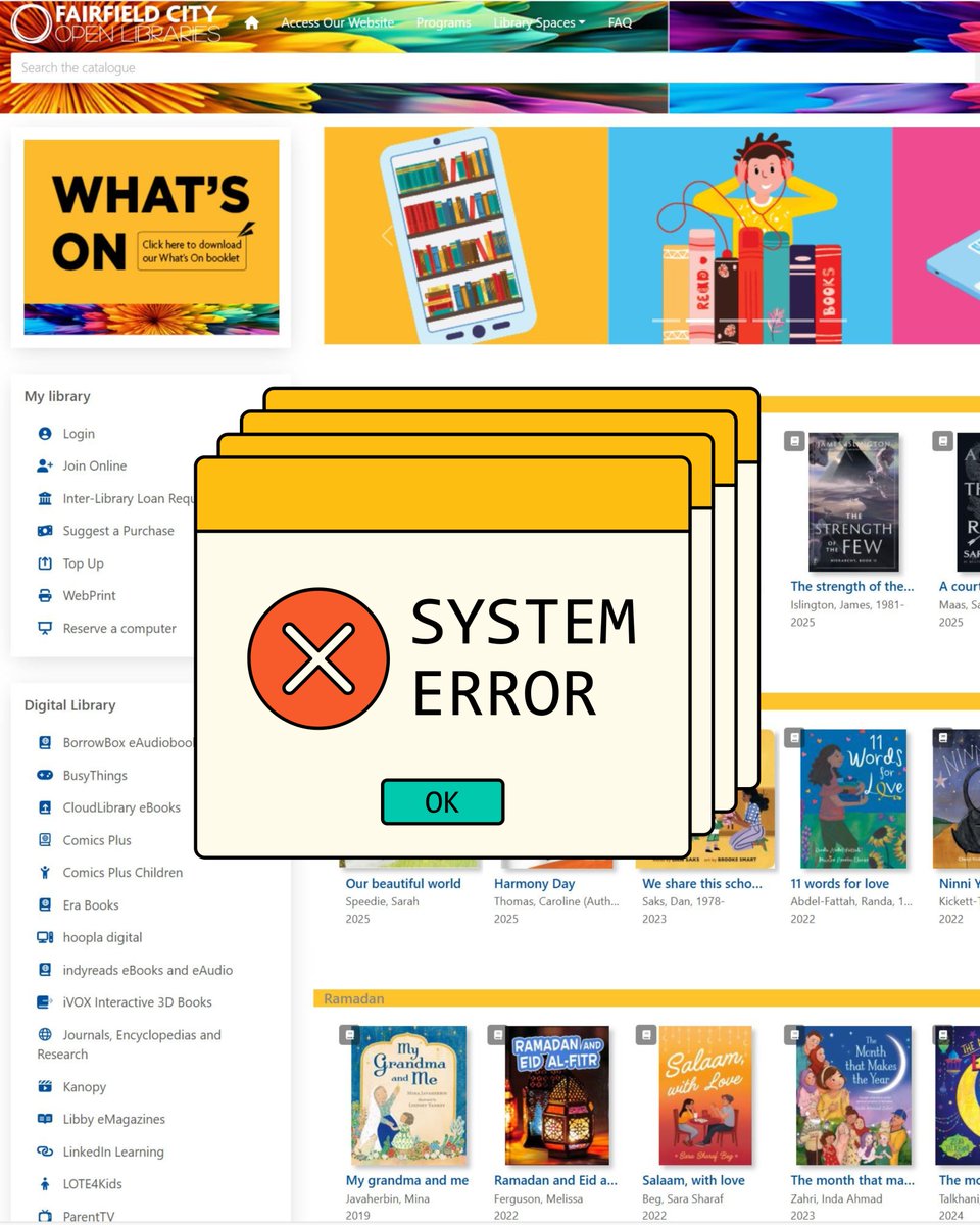 FCOpenLibraries's tweet photo. Important Announcement
Our Library Catalogue special features are currently down. You can still search the catalogue for all your favourite eAudio and eBooks, login to your account and access our website for our digital library!
We apologise for any inconvenience this may cause. https://t.co/9uq952kga6