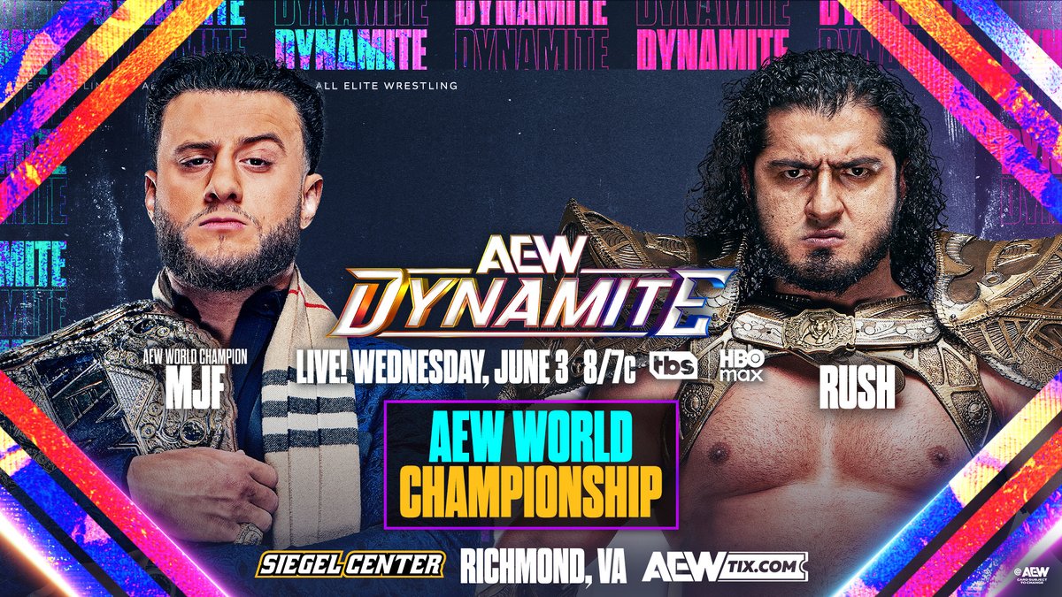 AEW's tweet photo. #AEWDynamite
LIVE, 8/7c, TBS &amp; HBO Max
Next Wednesday, 6/3!

AEW World Championship
@The_MJF vs @RUSHToroBlanco

After MJF was confronted by the red hot RUSH on Dynamite tonight, El Toro Blanco will lock horns with the Devil for the AEW World Title, NEXT WEDNESDAY! https://t.co/3XqhG5CgCT