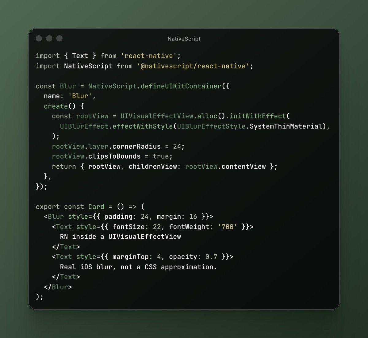 owenthcarey's tweet photo. React Native children, rendered inside a real iOS UIVisualEffectView. https://t.co/CXCXJ6yNPm
