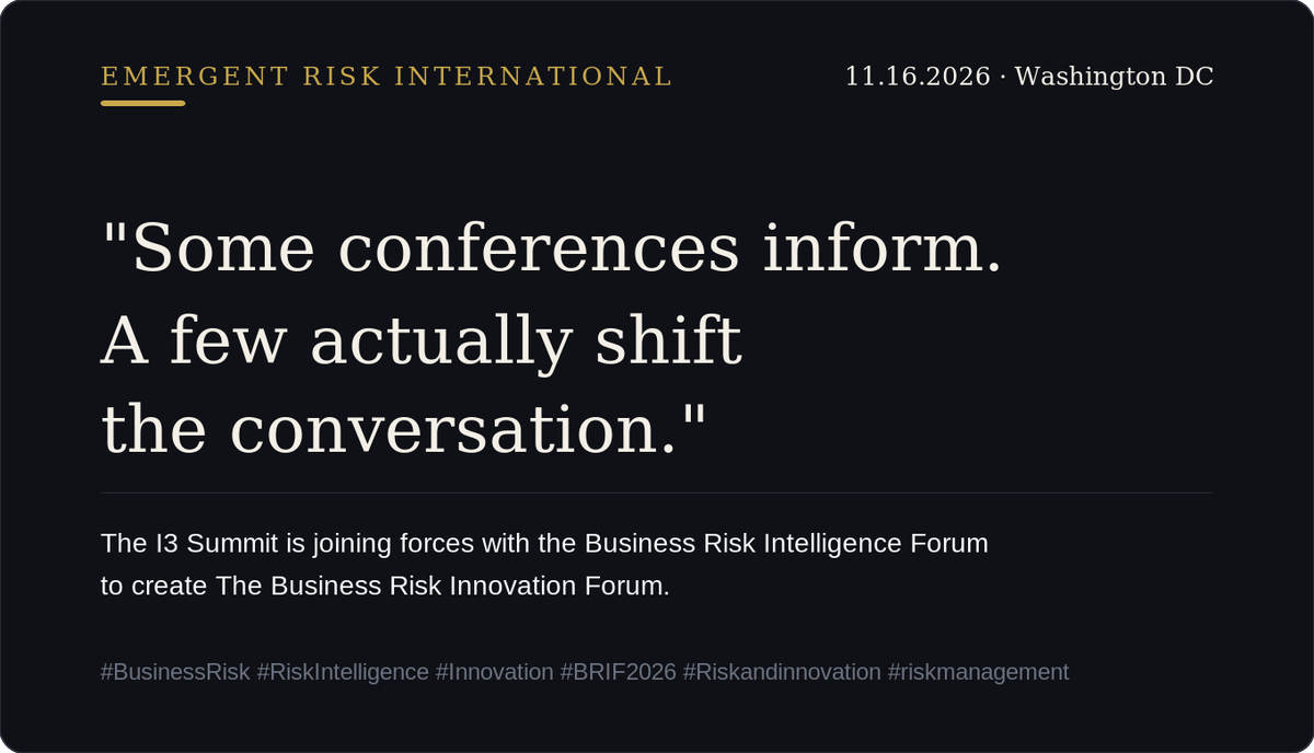 ERIriskfeed's tweet photo. “Some of the best ideas don’t end — they evolve.

After two years of I3, we’re taking the next step: joining forces with the Business Risk Intelligence Forum, the U.S. Chamber of Commerce Foundation, Intelab Ventures, and the Pathfinder Collective to launch the Business Risk Innovation Forum (BRIF) this November.

The goal is simple: put the right people in the room to ask better questions about the future of business risk intelligence — and leave with ideas you can actually use.”