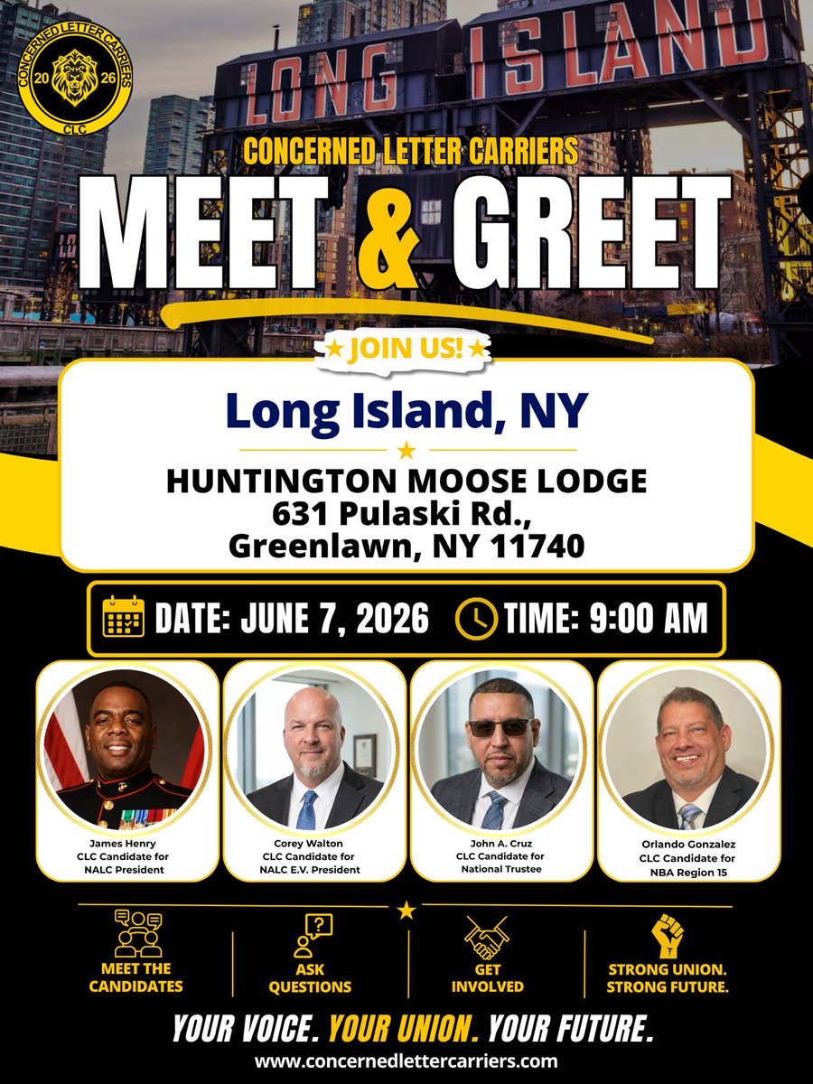 lettercarriers's tweet photo. LONG ISLAND — Join the Concerned Letter Carriers Meet &amp; Greet on June 7 at 9 AM in Greenlawn, NY.

Meet the candidates. Ask questions. Get involved.

Strong Union. Strong Future.

#CLC2026 #NALC #LetterCarriers https://t.co/t81qShv7zT