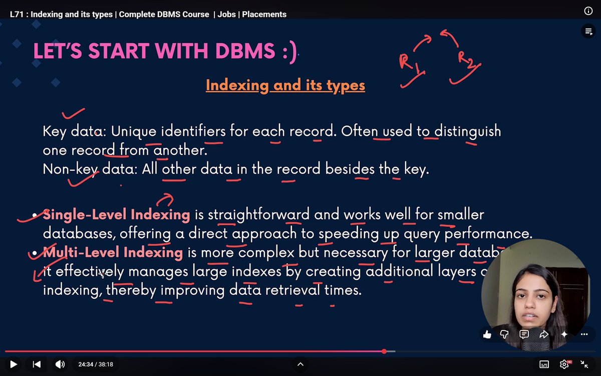 1drie5's tweet photo. L71 (2)

dbms indexing:
• dense: maps every record. fast exact-match, high storage/update cost.
• clustered: physically sorted data (primary=sparse).
• non-clustered: unsorted data (secondary=dense).
• multi-level: nested index layers.

#DBMS #SQL #Databases https://t.co/3rf72tvlyG
