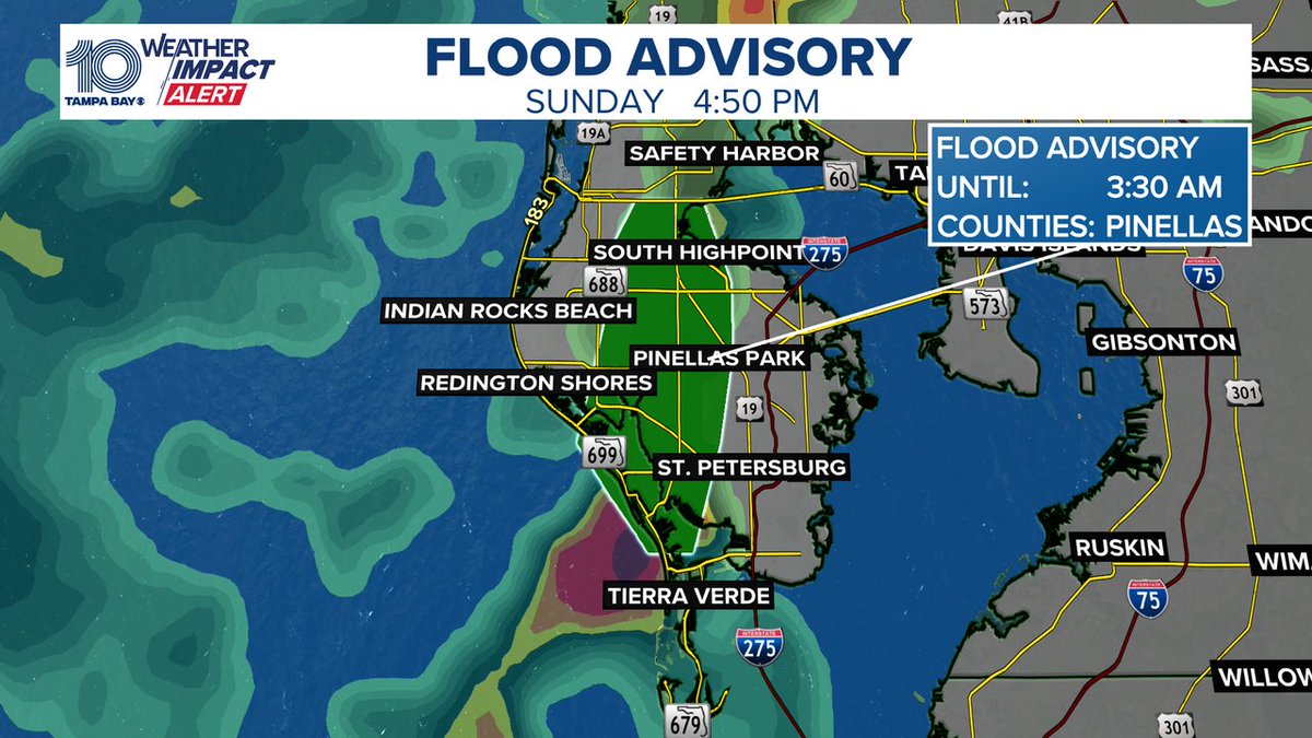 BobbyWTSP's tweet photo. A ⚠️Flood (FA) Advisory⚠️ has been issued until May 28 3:30AM. Heavy rainfall has already fallen and more is possible. Flooding is ongoing or expected.  Go to https://t.co/5SaQ0UeOqg or the 10 Tampa Bay app for more information. https://t.co/9zXrnaSkly