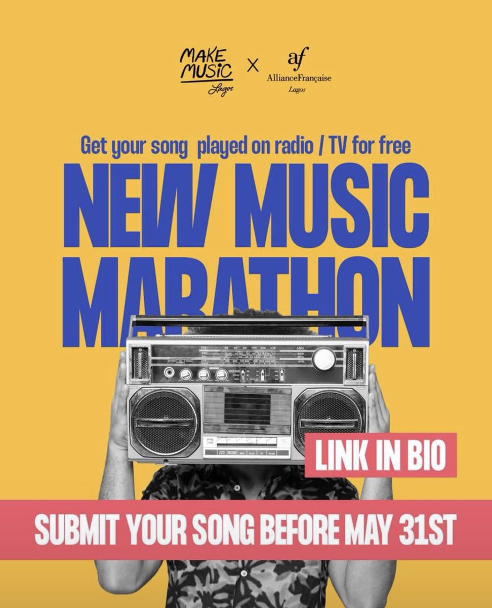 musikplug_com's tweet photo. Dear artistes, this is for you.

Make Music Lagos x Alliance Française present “New Music Marathon”, an opportunity to get your music played on radio and TV for free. 

If you’ve got great music, submit your song. Submissions closes 31st May

Submit Here: https://t.co/ie6VNU9s69 https://t.co/PJQUsq9AW7