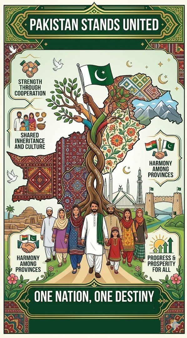 Nimra54118's tweet photo. پاکستان متحد ہے! ہماری مشترکہ ثقافت اور صوبائی ہم آہنگی ہی ہماری اصل طاقت ہے۔ ترقی اور خوشحالی کے سفر میں ہم سب ساتھ ہیں—ایک قوم، ایک منزل!

#PakistanStandsUnited 
#OneNationOneDestiny 
#NationalUnity 
#ProvincialHarmony 
#PakistanZindabad 
#StrengthInUnity 
#PakistaniCulture https://t.co/XZSgBkXC72