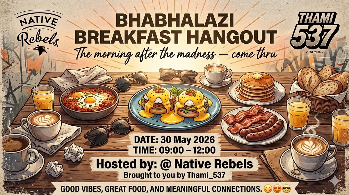 thami_537's tweet photo. 🌿 Bhabhalazi Breakfast Hangout 🌿
📍 @NativeRebels_ZA 
📅 30 May 2026
⏰ 09:00 – 12:00

Join us for a refreshing morning of good vibes, great food, and meaningful connections. ☕🍳✨

Brought to you by: Thami_537 https://t.co/DhTmyf9Eww