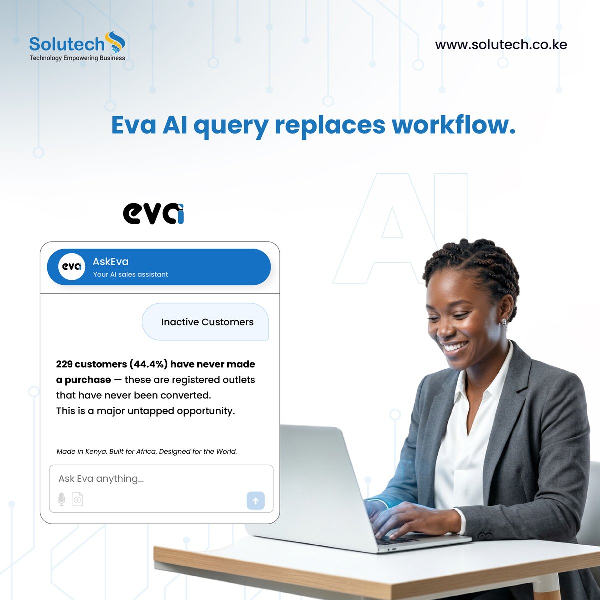SolutechLimited's tweet photo. What if your sales report took 3 seconds, and not 2 days?
That's the power of Ask Eva.
One question. Instant answers. Zero manual work.
Swipe to see one query replace an entire workflow. 👇
+254 799 471 081 |https://t.co/LUe1B4y8aU
#AskEva #EvaAI #SalesIntelligence #AI #Solutech #FMCG #CPG #Insights