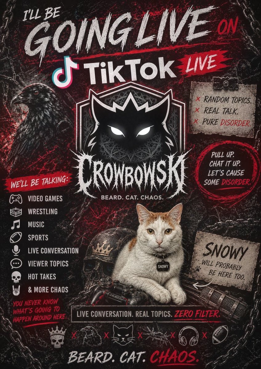 chaos_beard's tweet photo. Starting this Friday at 8PM EST. Ill be just chatting on TikTok live. Come hangout and let's all talk together. #wrestling #wwe #music #gaming #football https://t.co/AKV1V6MoYv