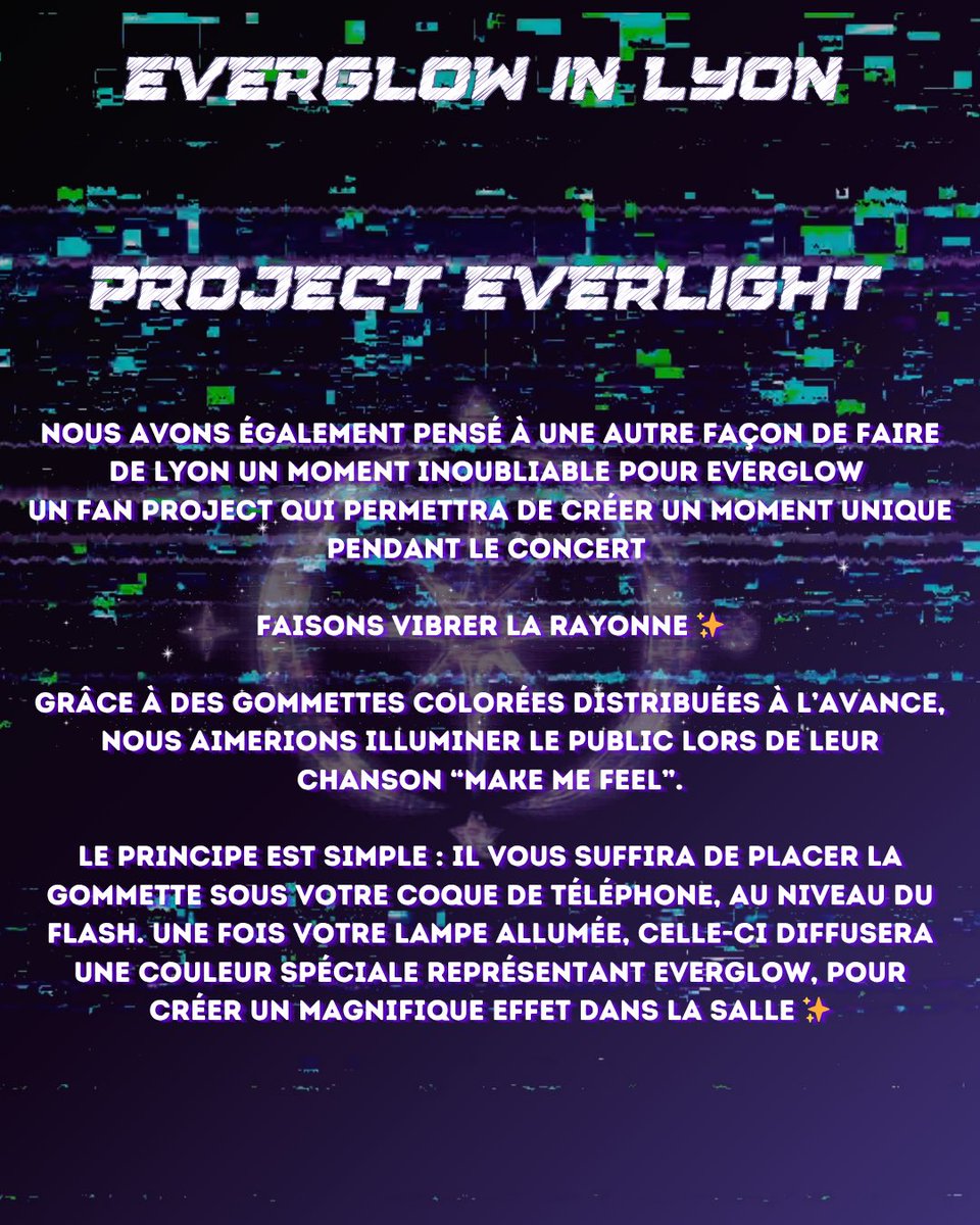 KPOPINLYON's tweet photo. ✨ ✨ EVERGLOW arrive à Lyon ! ✨

@KPOPINLYON x @JudeAndTheV préparent deux fan projects spéciaux pour les FOR•EVERS 💜

📍 Projet Bannière
📍 Project Everlight

Merci à @JudeAndTheV et @AikooCreationn pour les visuels 🫶

#EVERGLOW #FOREVER #EVERGLOWinLyon #FanProject https://t.co/8OgbuwqfmH