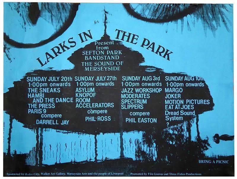 angiesliverpool's tweet photo. Poster for the first Larks in the Park at Sefton Park, Liverpool courtesy of Gary Lornie https://t.co/Bisoe5fN8D