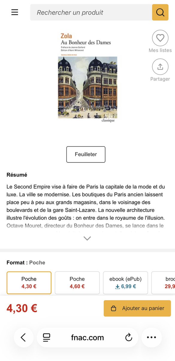 luesetvues's tweet photo. Quelqu’un peut m’expliquer le prix du ebook ? 
Sur Fnac « Au Bonheur des Dames » de Zola en poche est à 4,30 €… et l’ebook à 6,99 € ! https://t.co/t7t15p95lJ