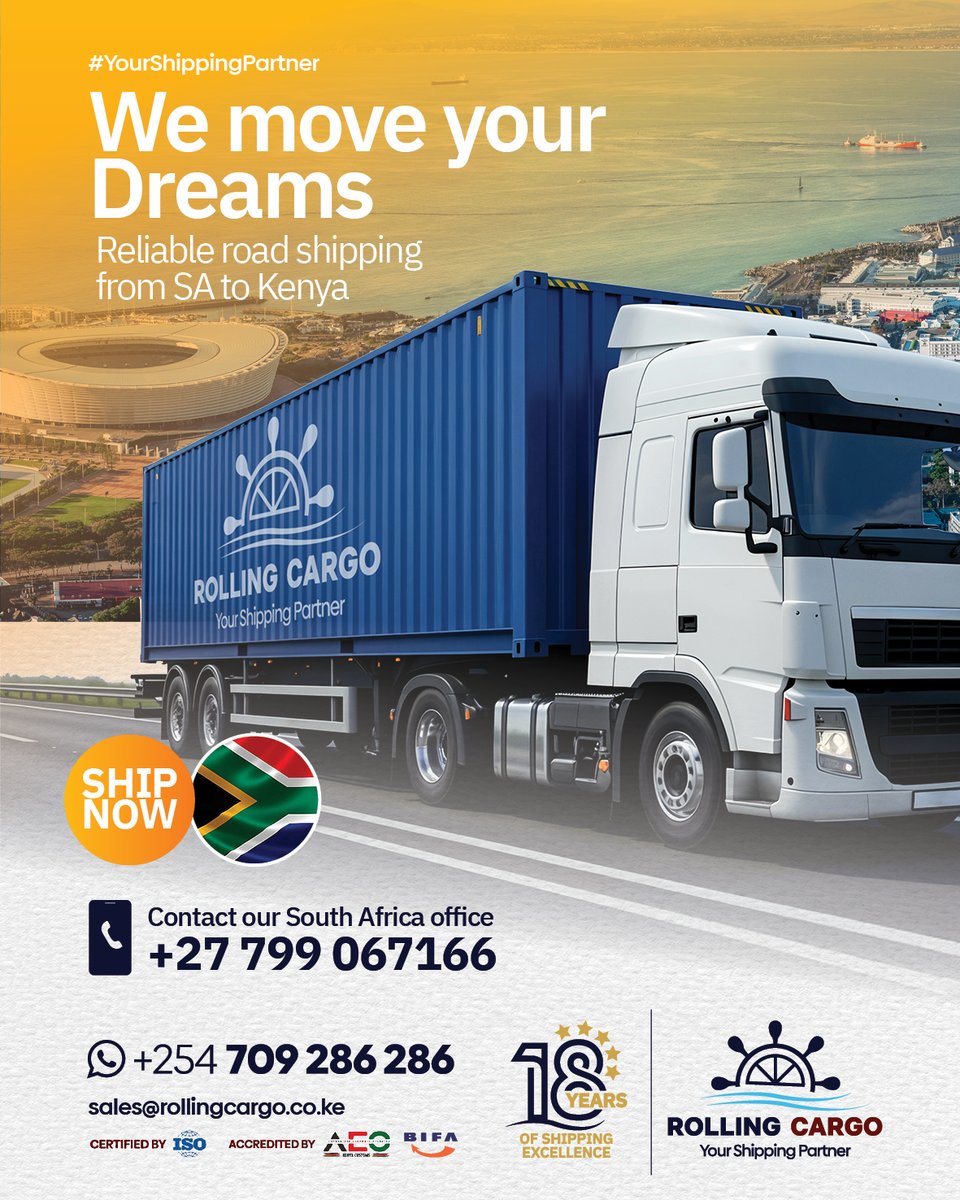 RollingCargo's tweet photo. Found a reliable supplier in SA? Now ship with confidence 😎

We move cargo from South Africa by road, safe, reliable &amp; on time.

📲 WhatsApp: https://t.co/rc3OJri34g
📧 sales@rollingcargo.co.ke
#RollingCargo #ShipFromSouthAfrica #ReliableShipping https://t.co/kcsQIBDw5V