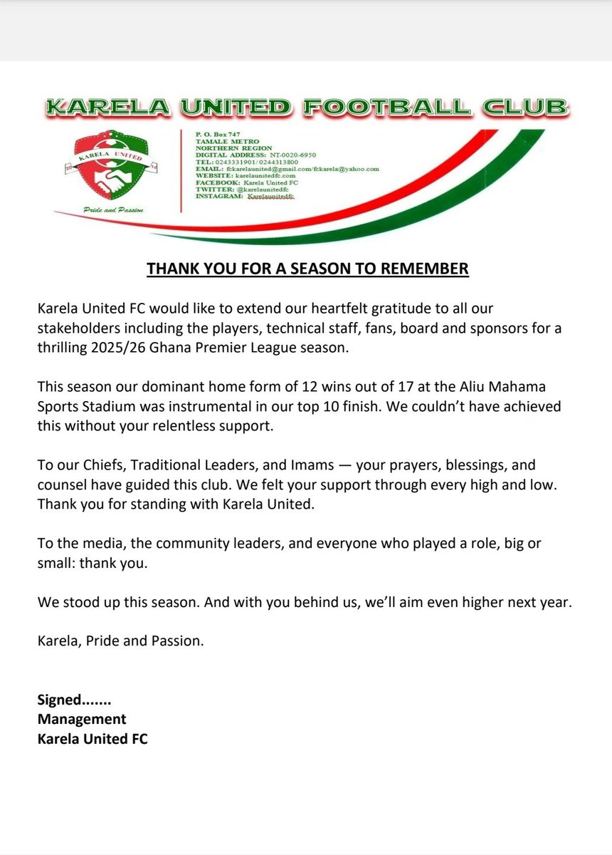 KarelaUtd_FC's tweet photo. From experience, we built something special this season, a top Nine Finish,  a dominant home record of 12 wins in 17 games, and a team that made Aliu Mahama Sports Stadium a fortress!!!

#KarelaUnited 
#ThankYouMessage https://t.co/mkEgSnH669