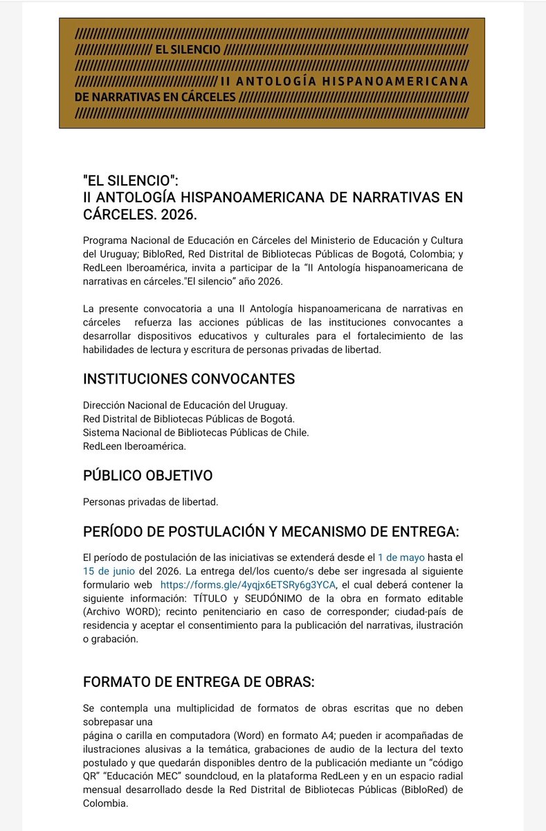 laurafrailev's tweet photo. Convocatoria para la II Antología Hispanoamericana de Narrativas en cárceles @proyectoleen https://t.co/8WJqO5EGbI