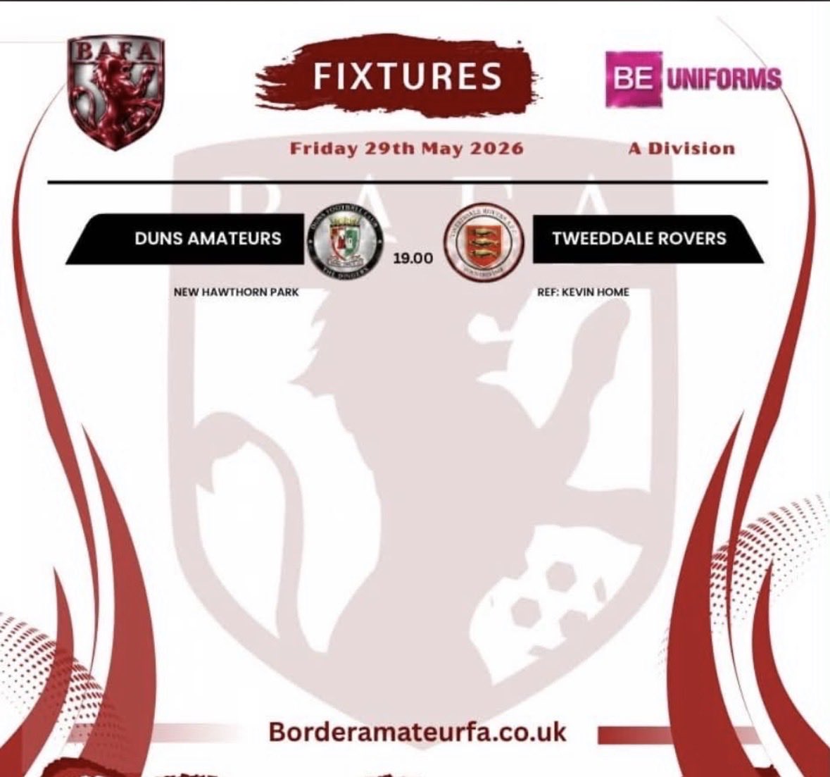 dunsfc's tweet photo. Friday 29 May 2026

Duns FC v @TweeddaleRovers 

🏆 @BorderAm A Division

📍 New Hawthorn Park

⏱ 19:00 KO

⚽️ Referee is K Home

Final game of another fantastic season for the Dingers  🏆🏆🏆🏆

🔴⚫️🔴⚫️🔴⚫️🔴⚫️🔴⚫️🔴⚫️
. https://t.co/o1AbXB87ej