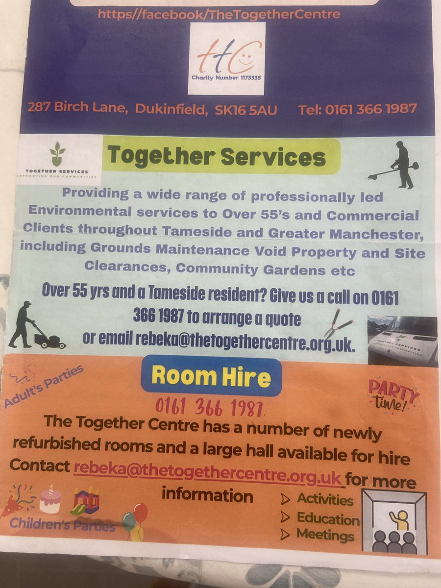 BarbaraEvacr's tweet photo. This is the leaflet for the Together Service who offer gardening services to over 55s Tameside Residents only. Please note it is 0161 366 1987. The number at the bottom of the page is not terribly clear. I will try to find out if gardening services are offered in Oldham/Rochdale. https://t.co/26S7yj3Pyy