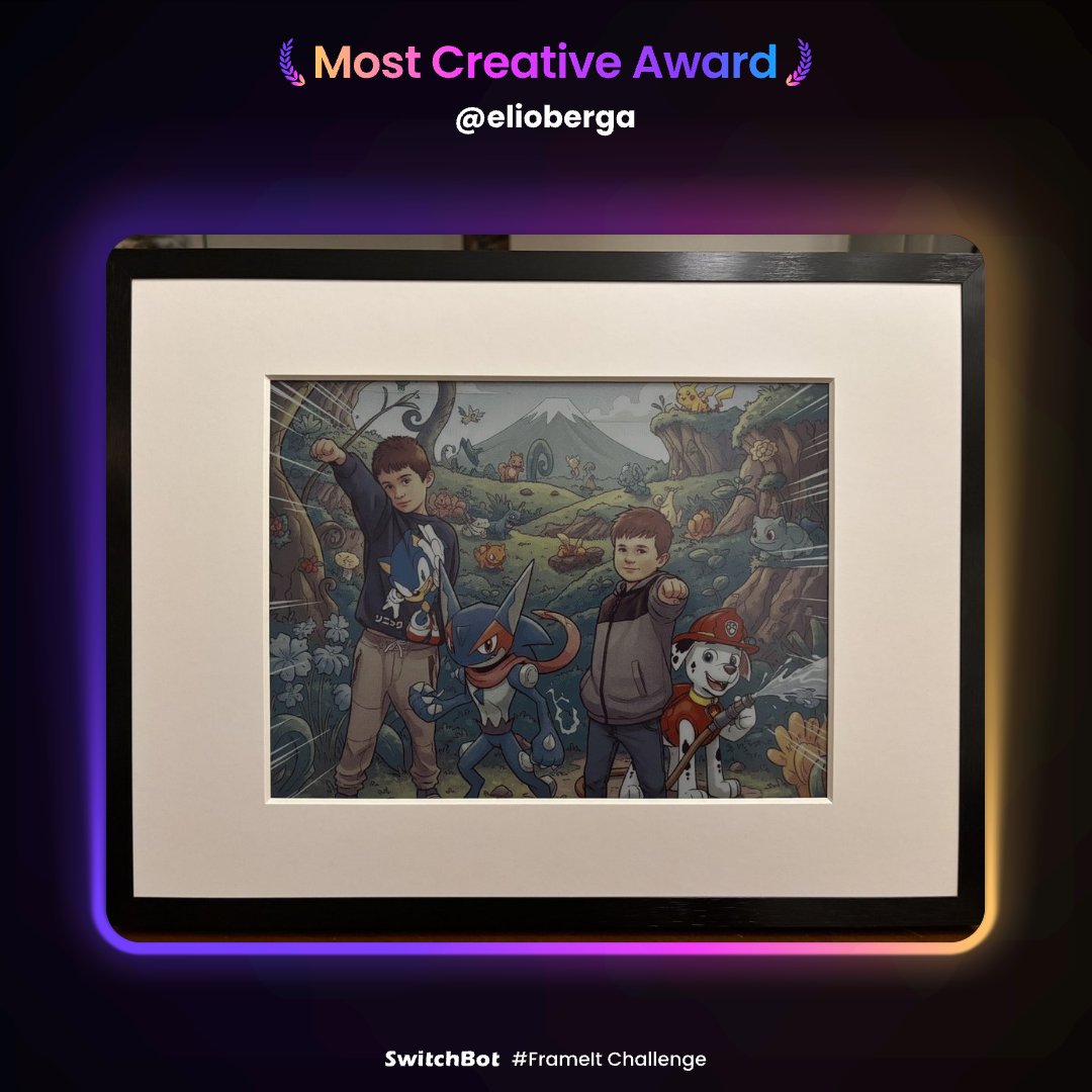 SwitchBot's tweet photo. The #FrameIt Challenge winners are here! 🖼️✨

Thank you to everyone who joined and shared your creativity. After reviewing all valid entries, congrats to:
🏆Most Creative Award: @elioberga 
🔥 Most Popular Award: @devinbltn 
✨Honorable Mentions: @silviopoma3   @Maroontche   @Robotmaniaita  

Winners, please DM us to claim your prize. 🎁
Join our Discord for more creator updates: https://t.co/9CYoZZvzrj

Show some love for the winners below. 👇

#SwitchBotAIArtFrame #FrameIt #FrameItChallenge #AIArtFrame