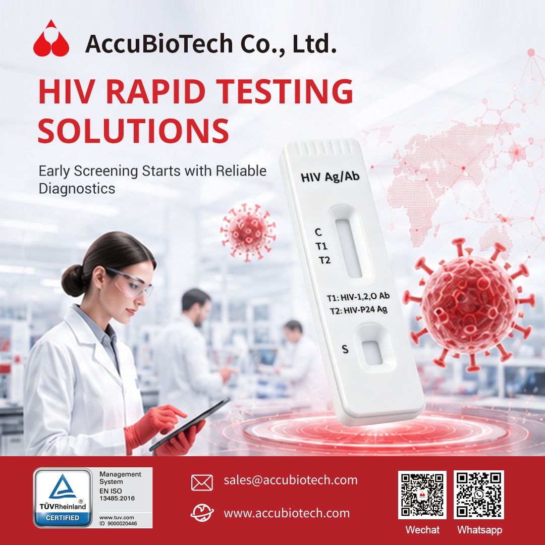 accubiotech's tweet photo. Early HIV detection enables timely care. Accu-Tell® Rapid Tests offer fast, reliable HIV Ag/Ab screening from blood, serum, or plasma with results in 10–20 minutes for professional IVD use. #HIV #RapidTest #IVD https://t.co/edQgD2A2iA
