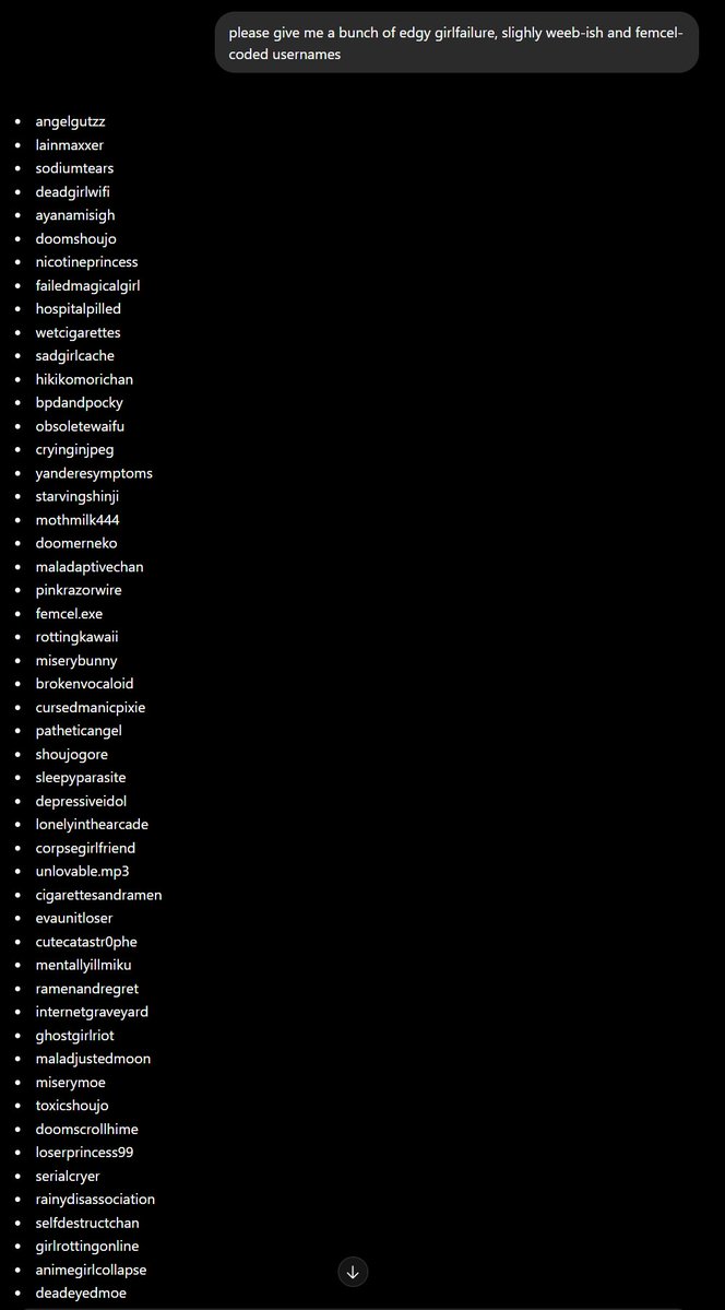 MarlonVids's tweet photo. i asked chatgpt for edgy girlfailure femcel usernames and bios

i'm honestly impressed by how well it's able to do it https://t.co/fV3gGAqQd3