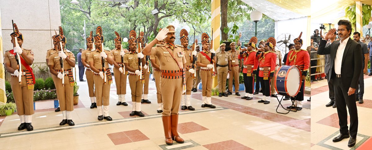CMOTamilnadu's tweet photo. மாண்புமிகு தமிழ்நாடு முதலமைச்சர் திரு. ச. ஜோசப் விஜய் அவர்கள் இன்று (28.5.2026) புதுதில்லியிலிருந்து சென்னை திரும்புவதற்கு முன்பாக தமிழ்நாடு இல்லத்தில் காவல்துறையினரின் அணிவகுப்பு  மரியாதையை ஏற்றுக் கொண்டார்.
#CMJosephVijay‌ https://t.co/K8tZ2XOMO3